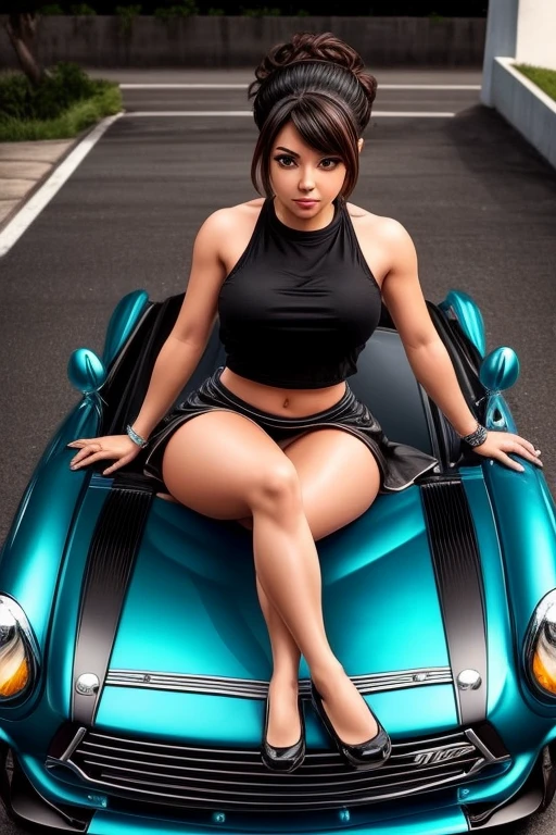 mega turbo tuned car and a silly girl in a short skirt and mini top sitting on the hood, Brillantemente, Realistamente detallado. Sexy pose for a girl sitting on the hood of a car. ;salpicaduras de agua) (Lindo) (sexy) (Cara hermosa) ((Obra maestra))