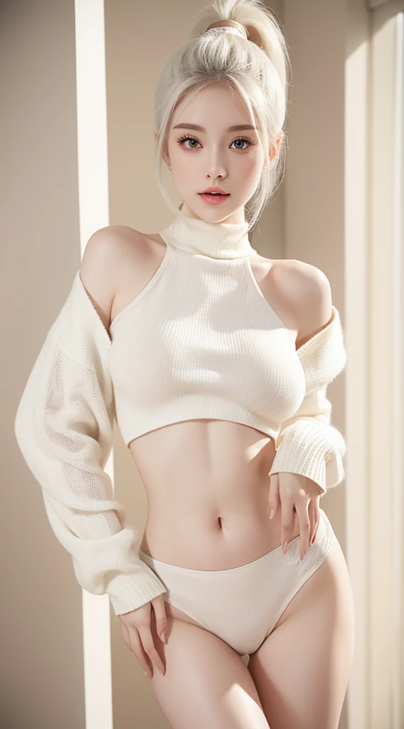 A beautiful woman standing, wearing sweater, pale skin, smooth pale skin, perfect body, full body, detailed body,((round big breast, small titts, big hips)), white hair, ponytail hair, cute face, high quality, HD, 4k