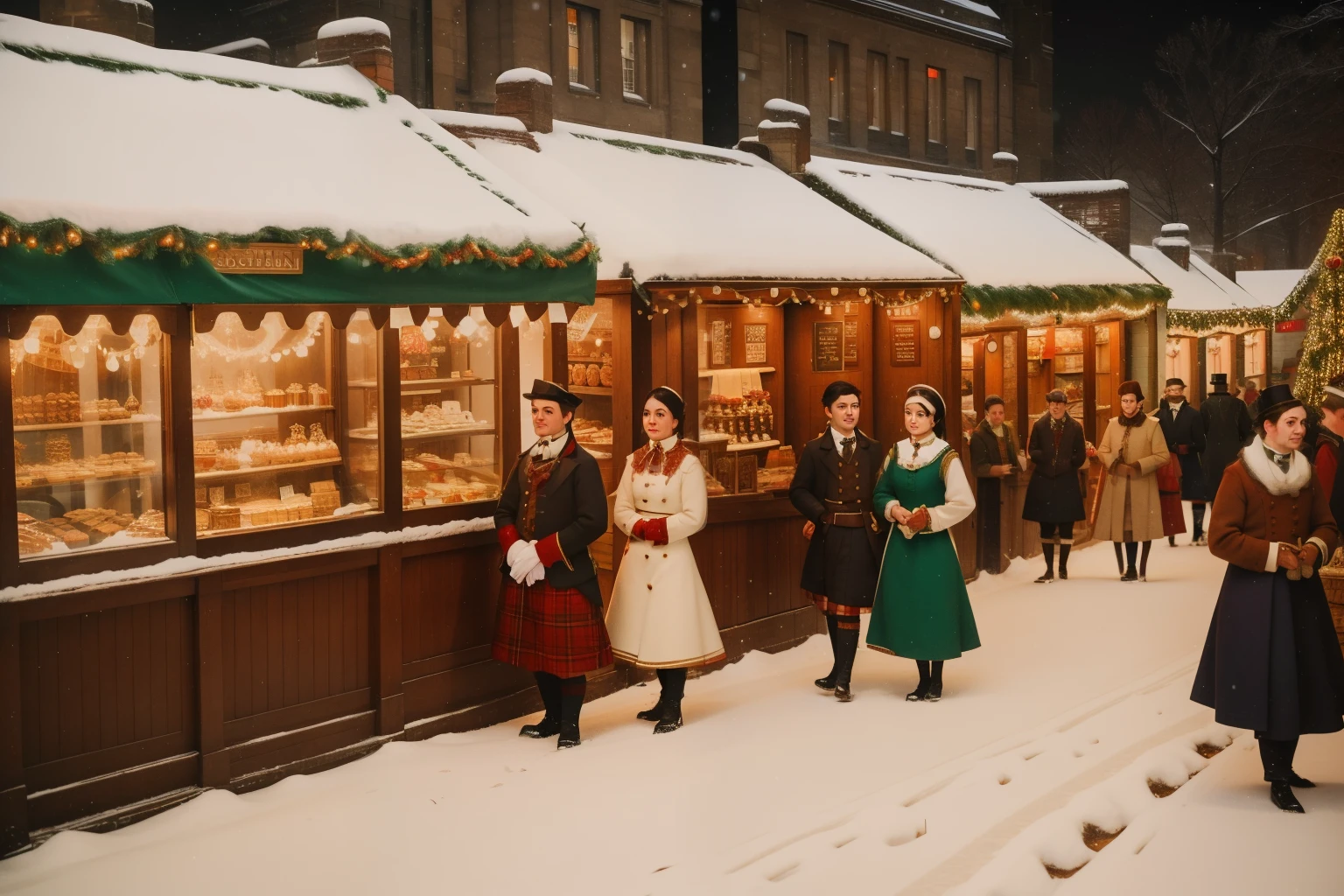 Year: 1840. Setting: Victorian Christmas Market in Edinburgh, Scotland.
*Description: Amidst cobbled streets, characters in Victorian attire explore a festive Christmas market. Stalls adorned with twinkling lights offer handmade crafts and seasonal treats, capturing the timeless charm of a Scottish winter with pre-Raphaelite grace and Wes Anderson's whimsical touch.