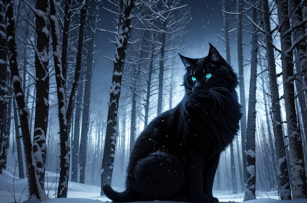 Midnight in heavy snow storm. Side view of one hulking 10-foot-tall shaggy black cat with supernatural blue flames on its fur, (looking at viewer) stalking through a birch forest.