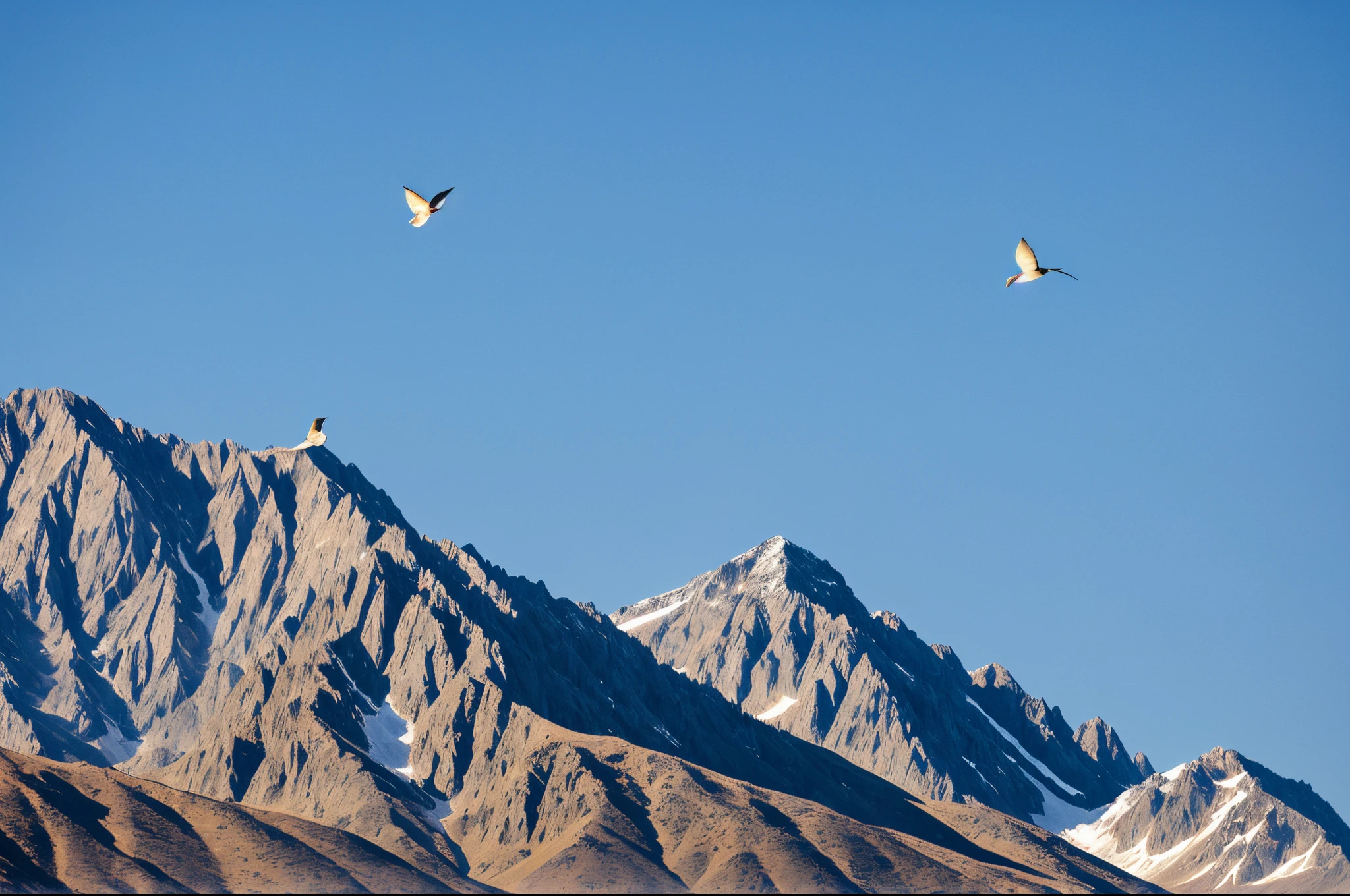 A blue bird flying away from a mountain