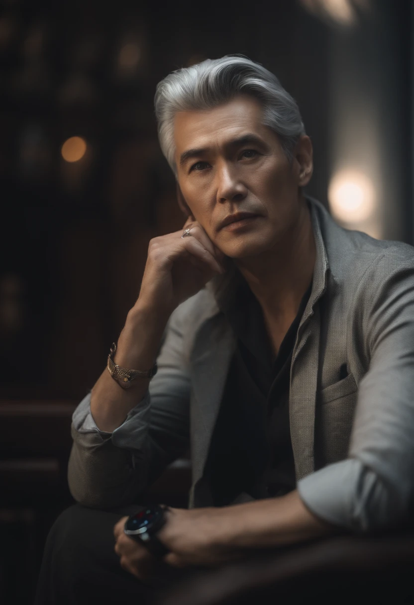 grey hair, widow's peak, quiff, serious, thinking, lens flare, caustics, cowboy shot, character chart, chiaroscuro, cinematic lighting, Surrealism, Verism, UHD, 16k，Lecture with a watch，Asian people