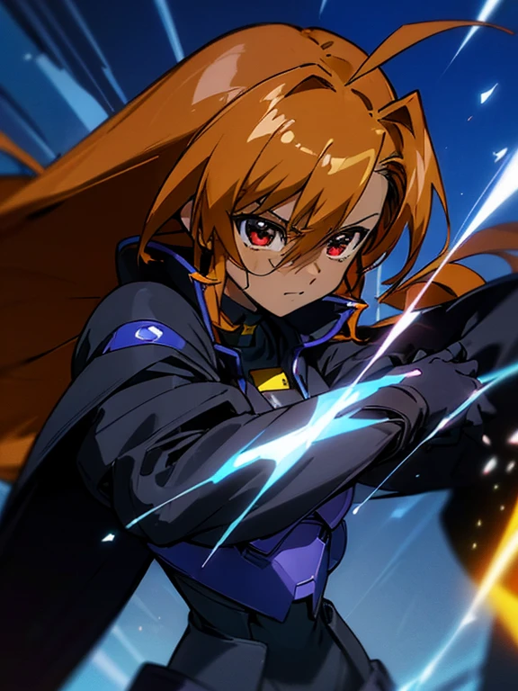 (((Dark skinned))),otokonoko, cute,(1 beautiful boy), long dark brown hair with ahoge, red eyes, (flat chested) wearing (Magical Girl Lyrical Nanoha StrikerS: Vivio Takamachi long black trenchcoat black armoured bodysuit outfit), blue power gaunlets gloves, cute smile, close up, bright blue sky background,