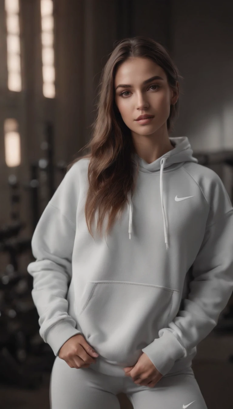 La misma modelo con una sudadera nike y pantalones cortos ajustados, en el gimnasio aesthetic lights