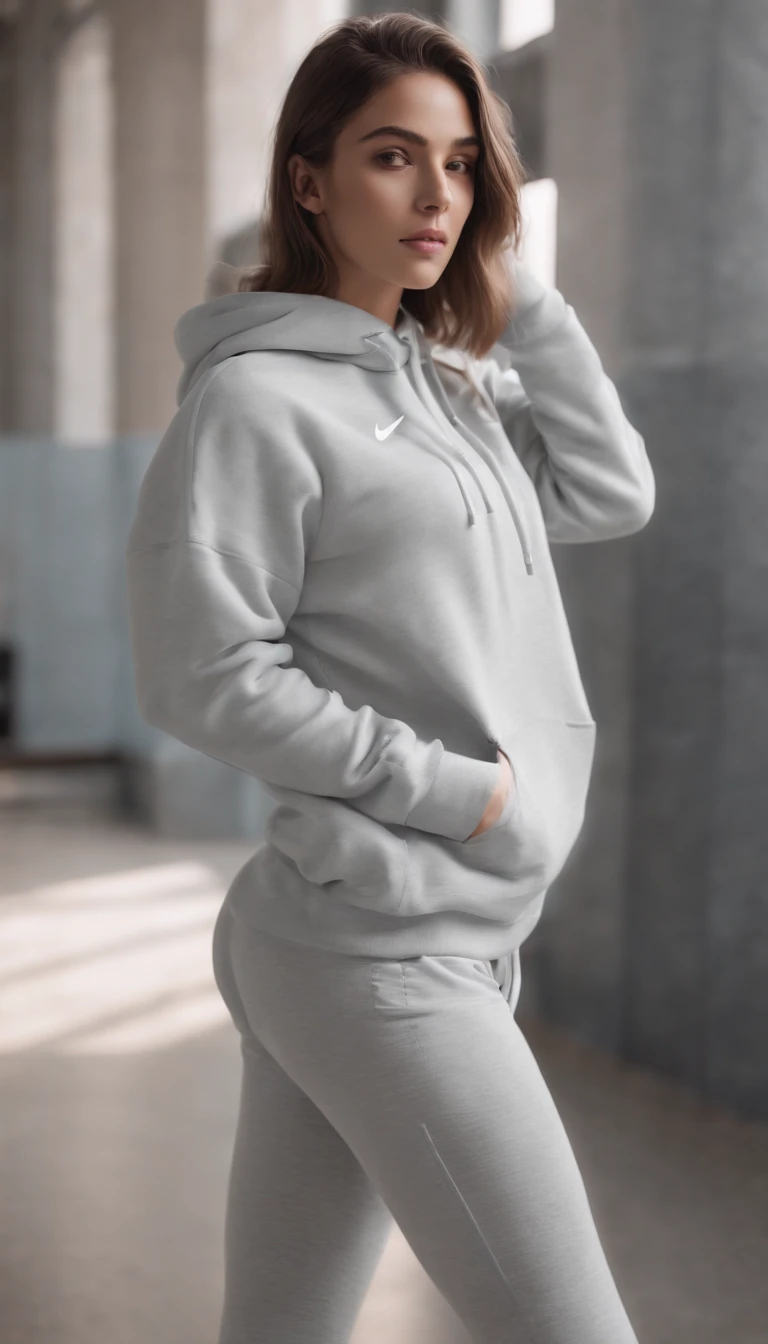 La misma modelo con una sudadera nike y pantalones cortos ajustados, en el gimnasio aesthetic lights