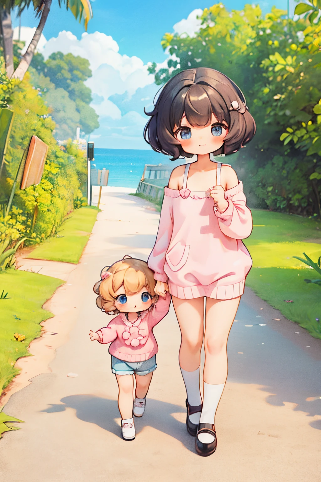 Shoulder sweater, Curly shorthair, hair scrunchie, Twin-tailed, kawaii pose、ssmile、Stroll along the seaside path