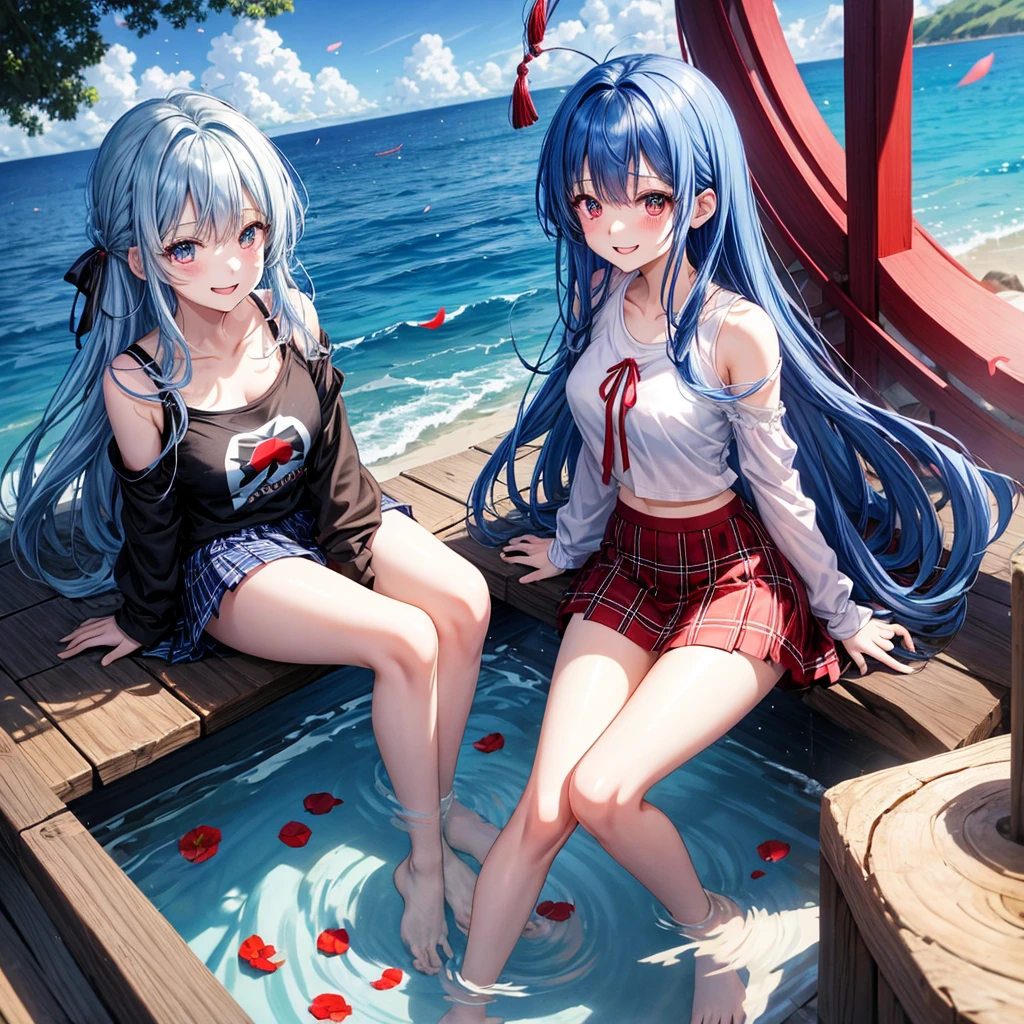 Blue-haired、red eyes、one good looking girl、animesque、lightly dressed、Plaid miniskirt、flower petals、bare-legged、wetting hair、Black T-shirt、sitting on、Smiling、sea of clouds