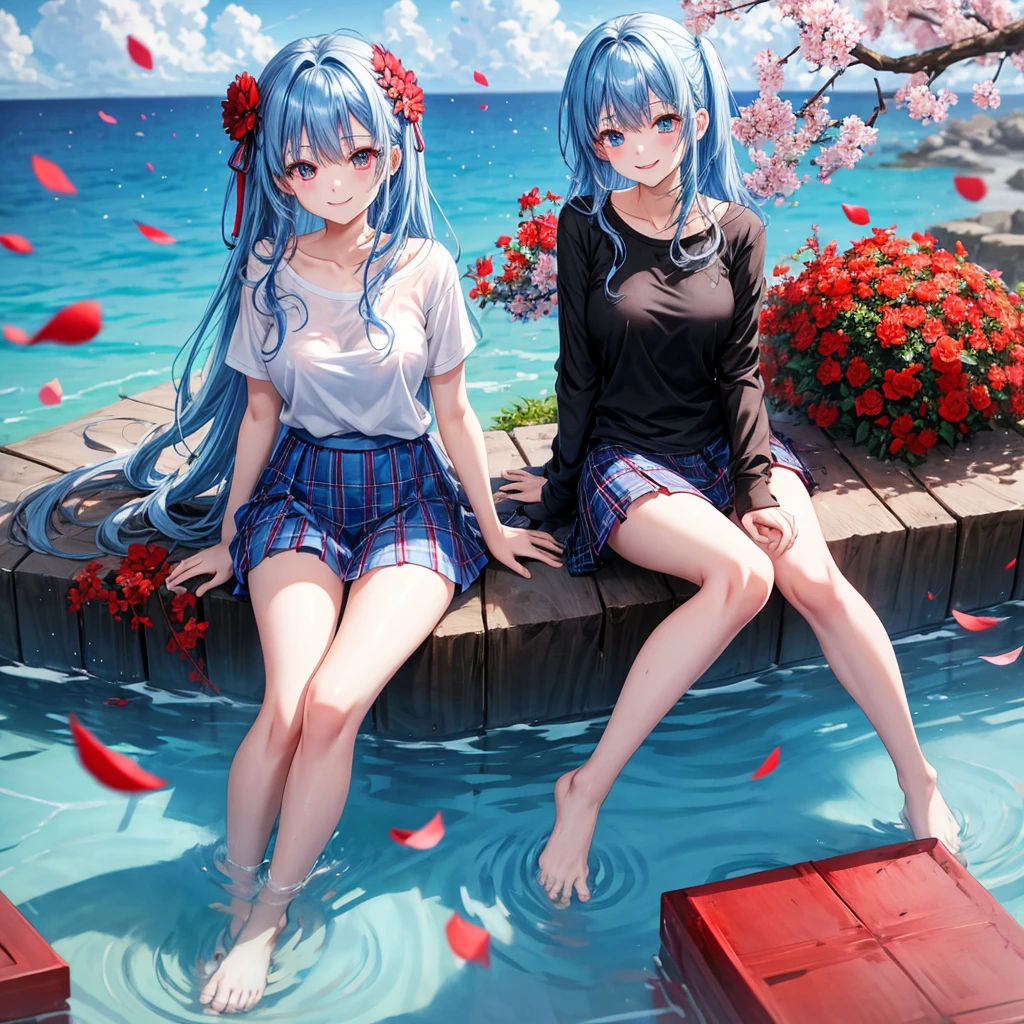 Blue-haired、red eyes、one good looking girl、animesque、lightly dressed、Plaid miniskirt、flower petals、bare-legged、wetting hair、Black T-shirt、sitting on、Smiling、sea of clouds