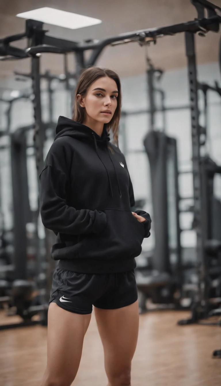 La misma modelo con una sudadera nike negra y shorts ajustados, en el gimnasio aesthetic lights