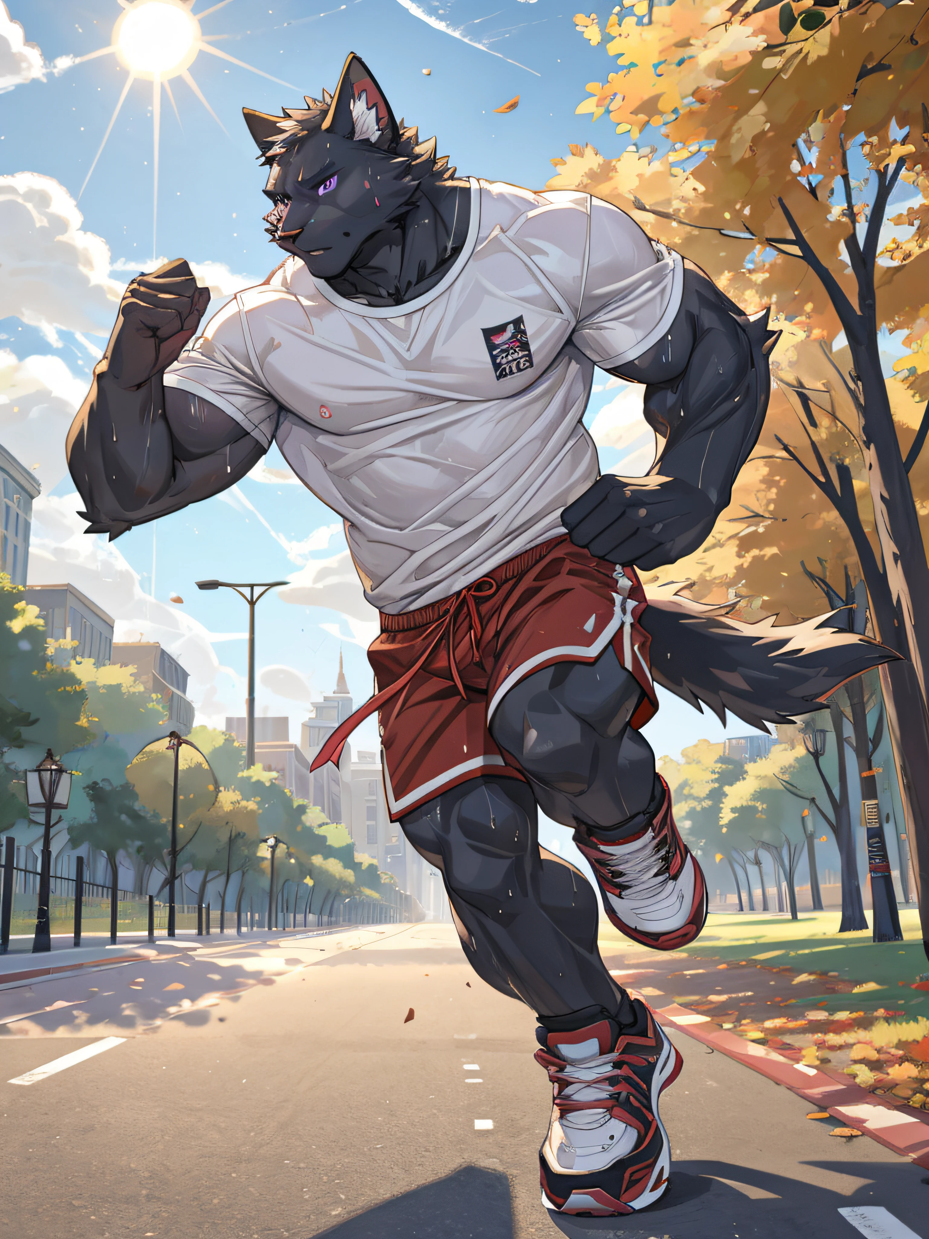 furry,bara,cats,masculine,All black feathers,purple eyes,No shirt..,He wore red and white striped shorts.,Wear running shoes.,muscular,Running in the park,The sun is about to set..,There are clear sweat stains on the body..