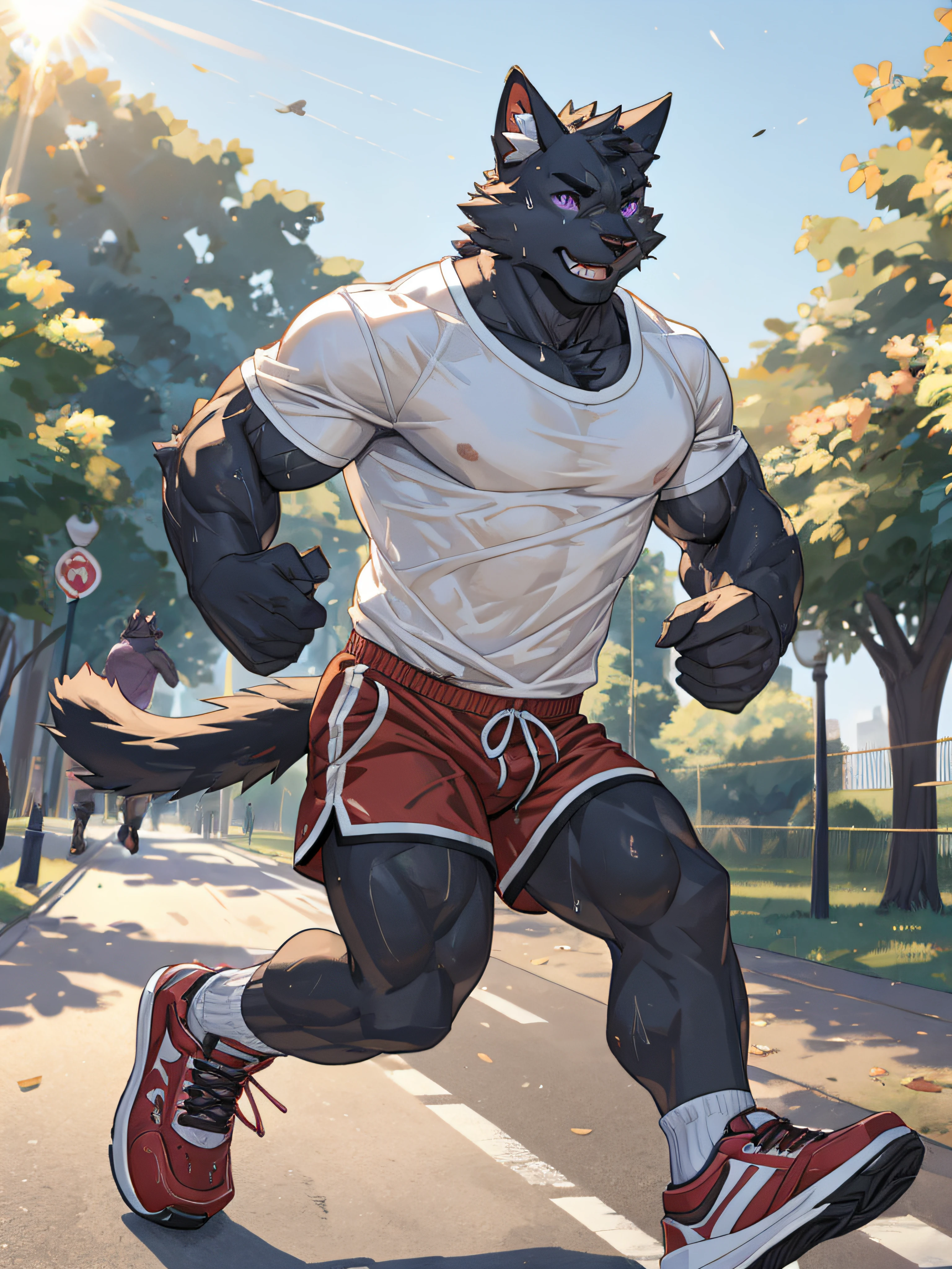 furry,bara,cats,masculine,All black feathers,purple eyes,No shirt..,He wore red and white striped shorts.,Wear running shoes.,muscular,Running in the park,The sun is about to set..,There are clear sweat stains on the body..