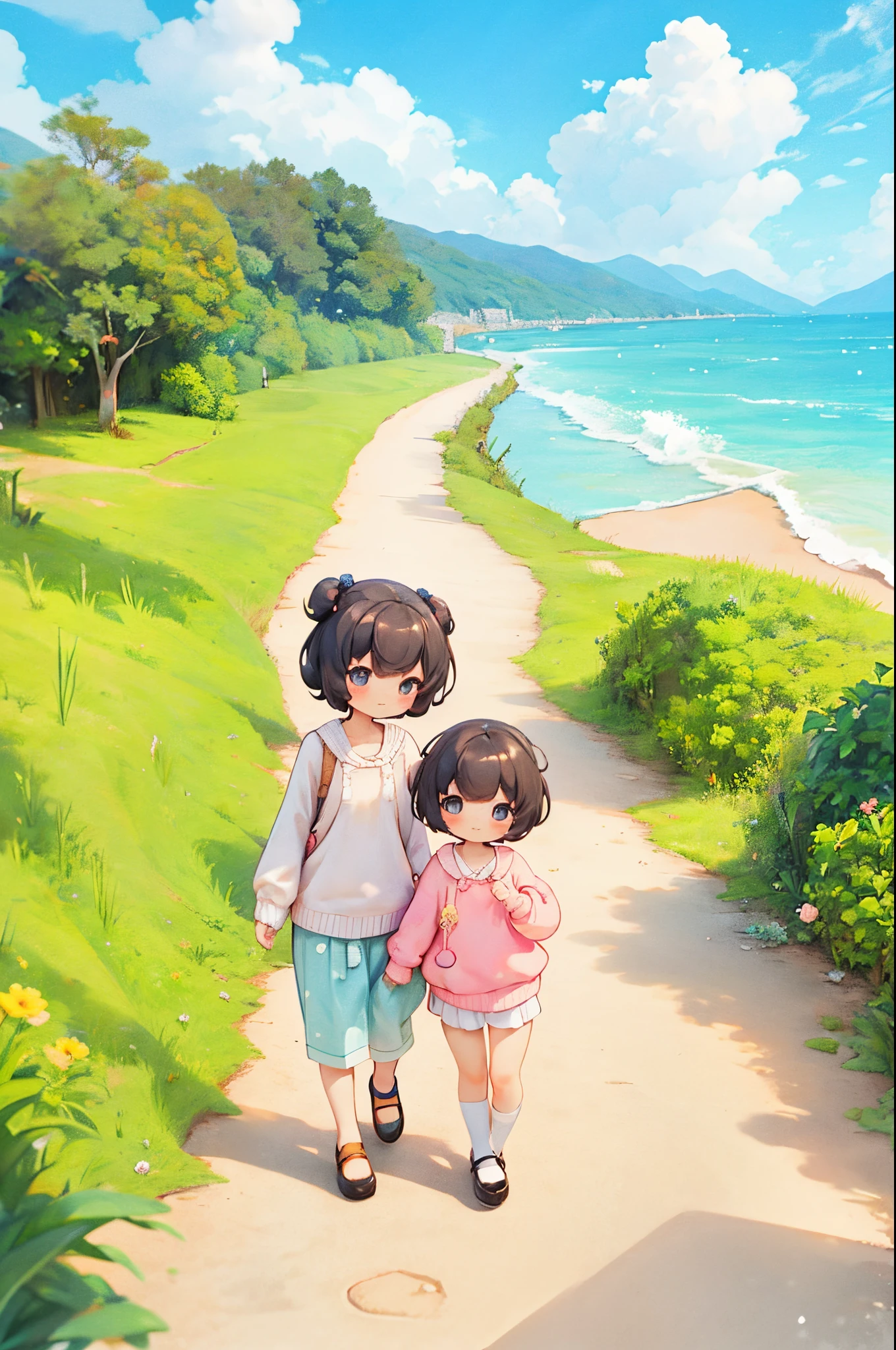 Shoulder sweater, Curly shorthair, hair scrunchie, Twin-tailed, kawaii pose、ssmile、Stroll along the seaside path