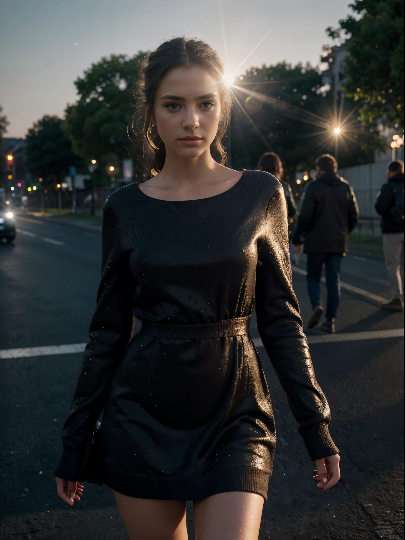 bloom, (lens flare), 8k, RAW, professional, best quality, masterpiece, photorealistic, ultra-detailed, (anamorphic lens), (motion blur), (highest detailed skin:1.2), (highest detailed face:1.2), cinematic lighting, Ultrarealistic 24 years old girl, European female model with perfect body, wearing chanel dress, luxury, standing at the road, homeless people behind her, dark night, stars in background, perfect quality, texturized skin.