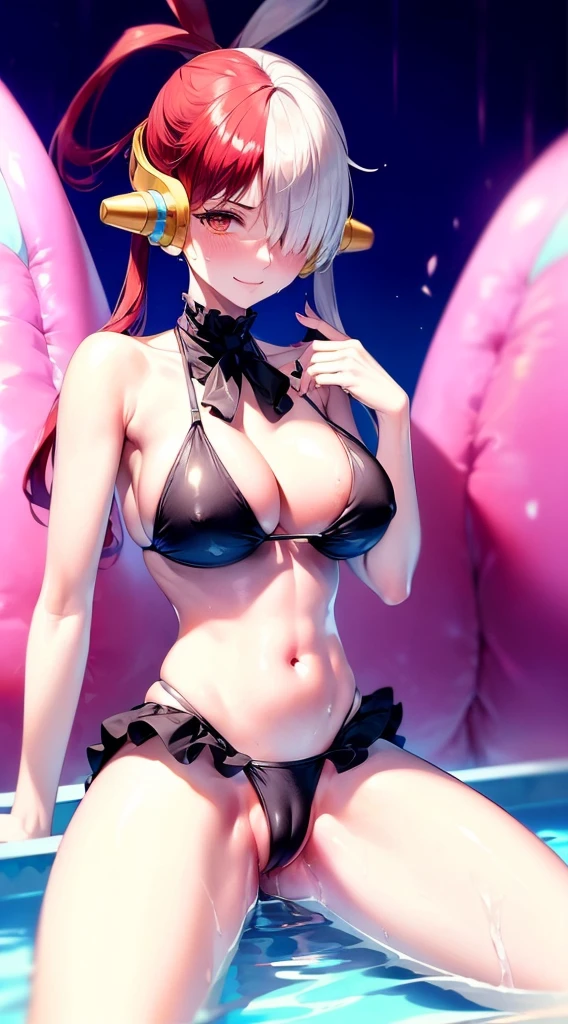masutepiece、Best Quality、hight resolution、tre anatomically correct、((The bikini))、in poolside、(Vibrant colors：1.2)、(​masterpiece：2.0)、onepiece、Uta、blanche、left red hair、right gray hair、divine spirit、Flushed cheeks、a smile、Beautiful girl in every detail、Body shining with sweat、Wet、Seductive thighs、sexy  pose、Hair above one eye、(frombelow:1.5)、Pussy、Female genitals、vaginal、Intravaginal、Expansion、You can see inside the skirt、((Female genital exposure))、(pointy tits:1.6)、(((medium chest)))