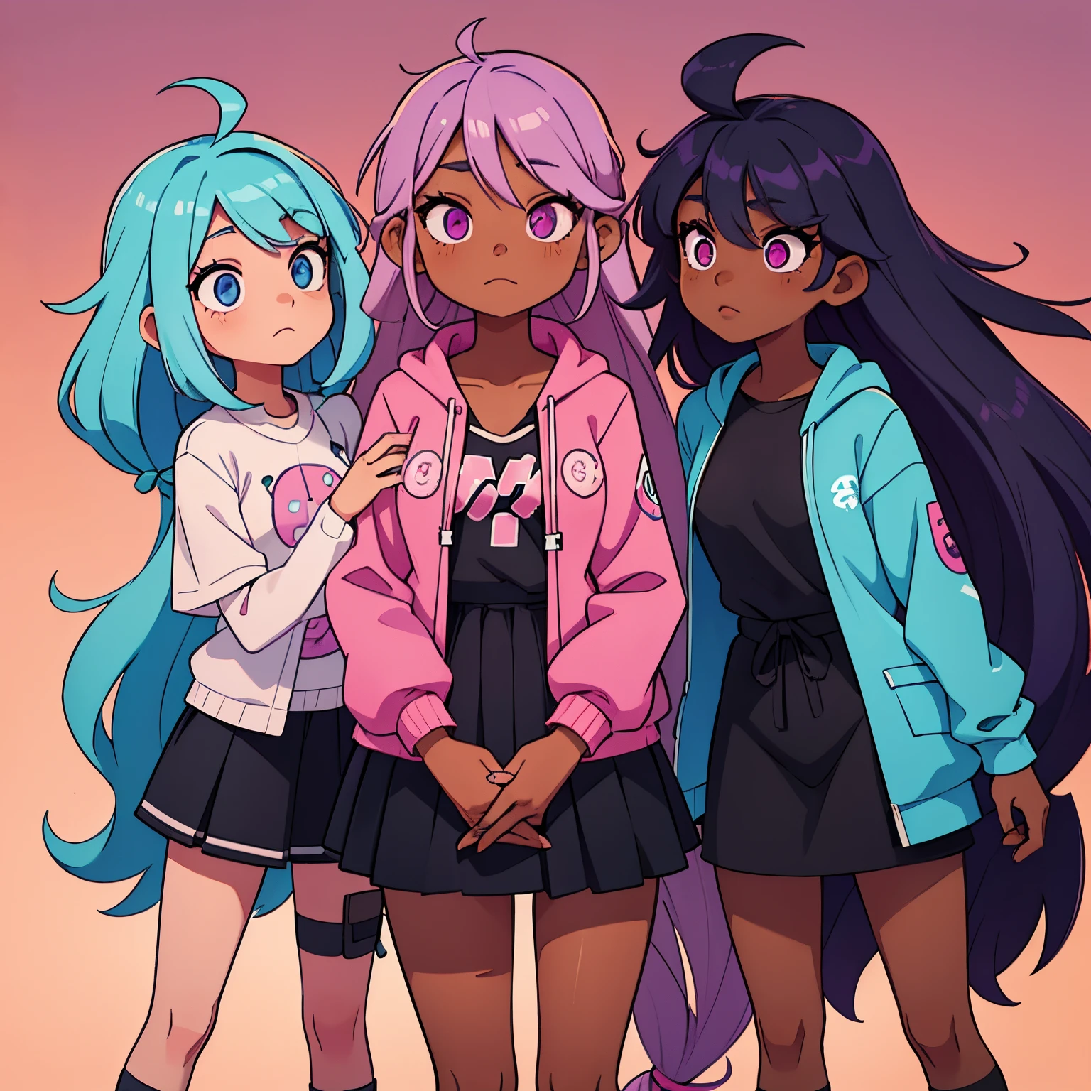 3 black skinned girls with, long light blue hair and eyes, and long bright purple hair and eyes, and long light pink hair, kawaii clothes,all black skinned, black skinned girls