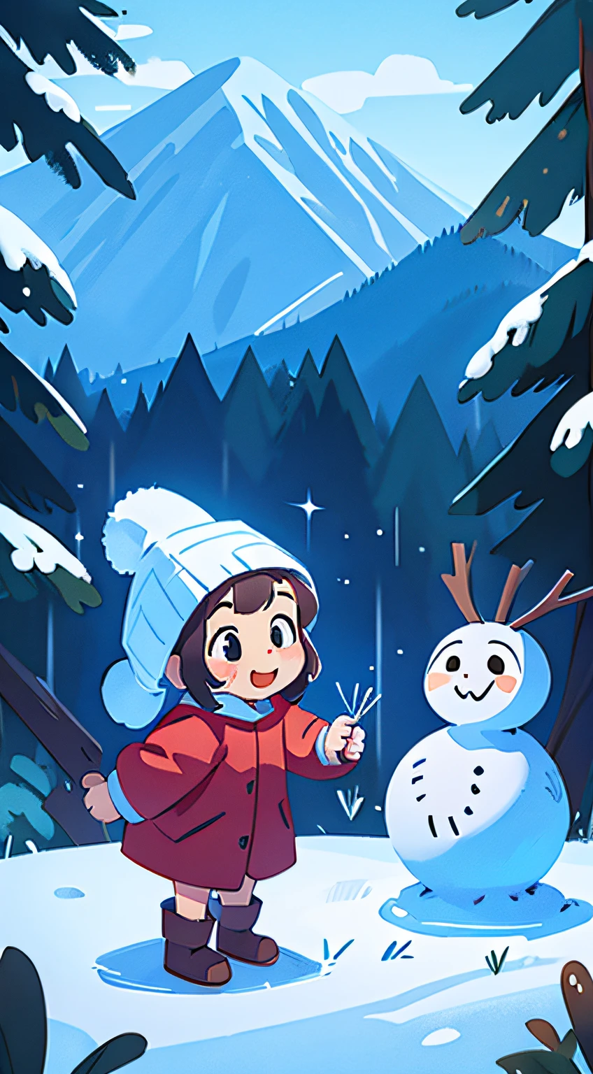 a picture for phone wallpaper, a happy little girl with a snowman in the big winter fosrest