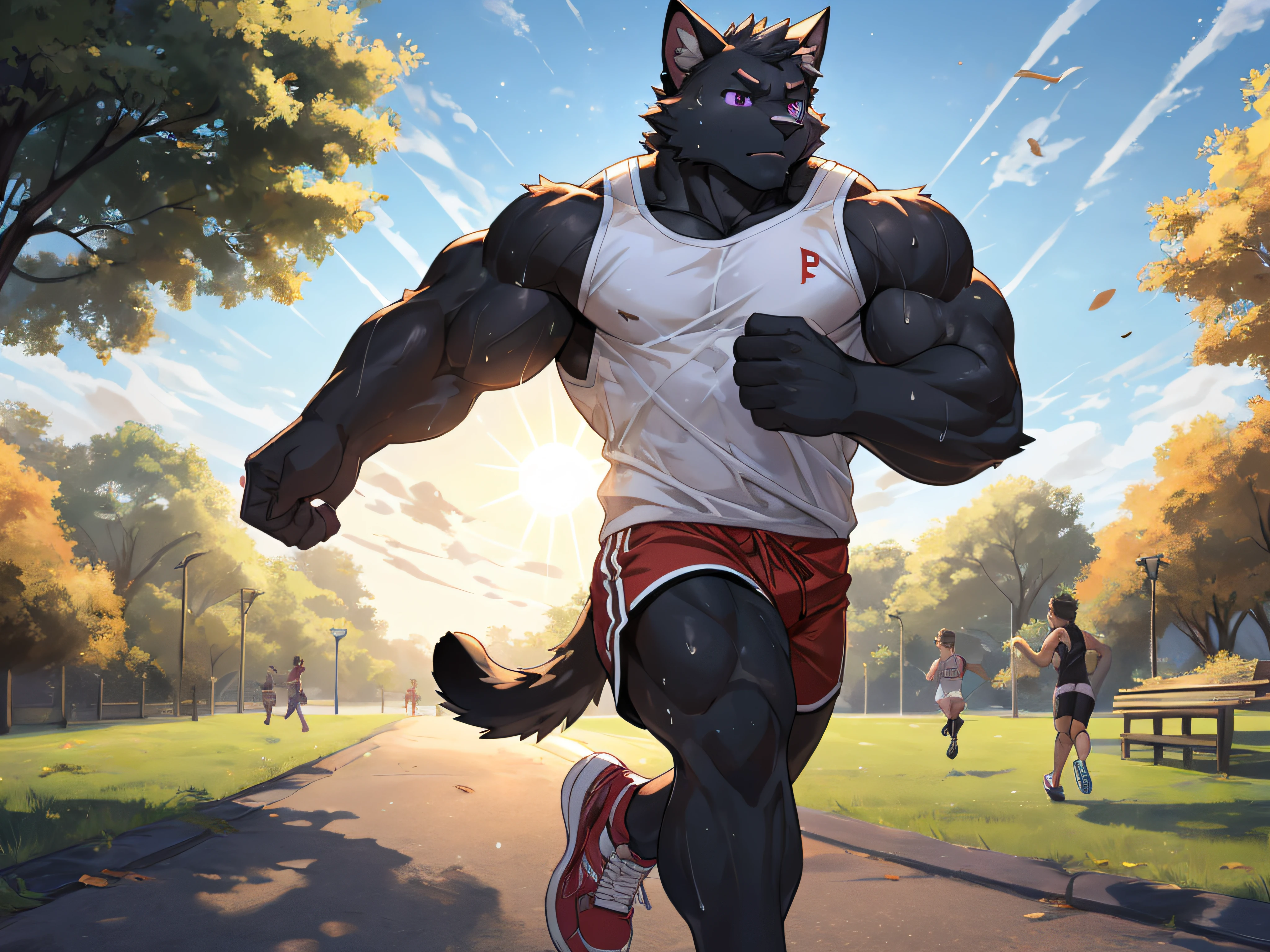 furry,bara,cats,masculine,All black feathers,purple eyes,No shirt..,He wore red and white striped shorts.,Wear running shoes.,muscular,Running in the park,The sun is about to set..,There are clear sweat stains on the body..
