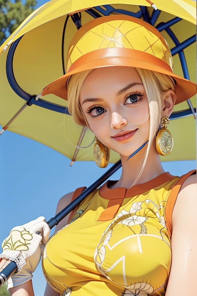 masterpiece, ((ultra detailed background, delicate pattern, intricate detail)), (highly detailed, fine details), best quality, beautiful lighting, ((medium breasts, slim girl)), MissValentine, 1girl, solo, blonde hair, jewelry, earrings, short hair, smile, yellow dress, gloves, umbrella, (yellow hat), blue eyes, complex detailed background, blue sky, grass, trees, nature environment, (close-up, portrait),