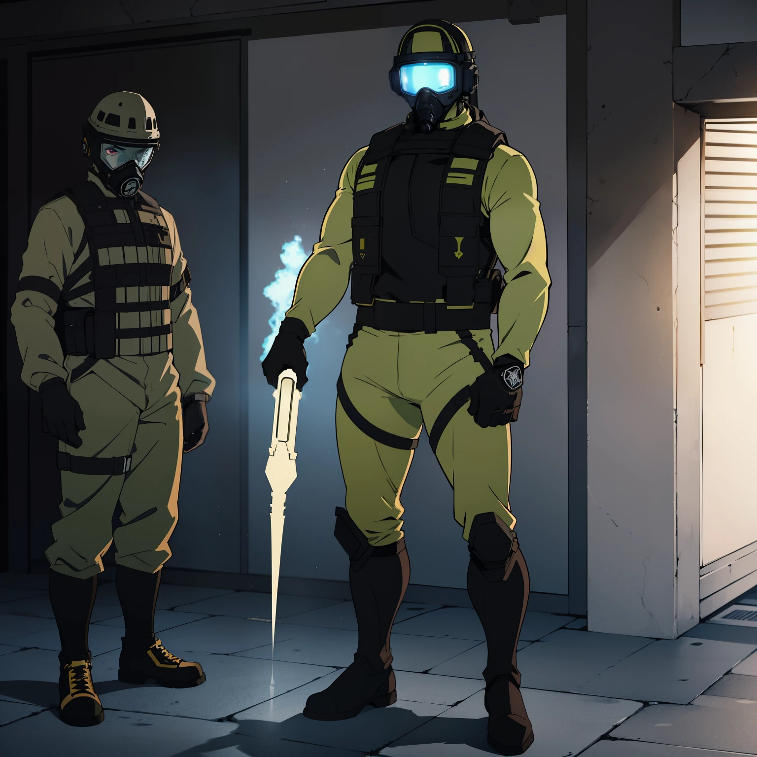 Standing tall and confident, he embodies a disciplined aura. He wears a specialized CBRN (Chemical, Biological, Radiological, Nuclear) suit, designed to combat radiation and anomalies with precision. The CBRN suit's sleek black design, giving it a futuristic and functional appearance. The suit is airtight. face is hidden behind a gas mask-like visor, its transparent material revealing only the fiery intensity of his eyes. The visor adds an imposing quality, underscoring his unwavering commitment to combating otherworldly threats. Over the CBRN suit, he wears a tactical vest His combat boots are rugged and durable, tailored for diverse terrains