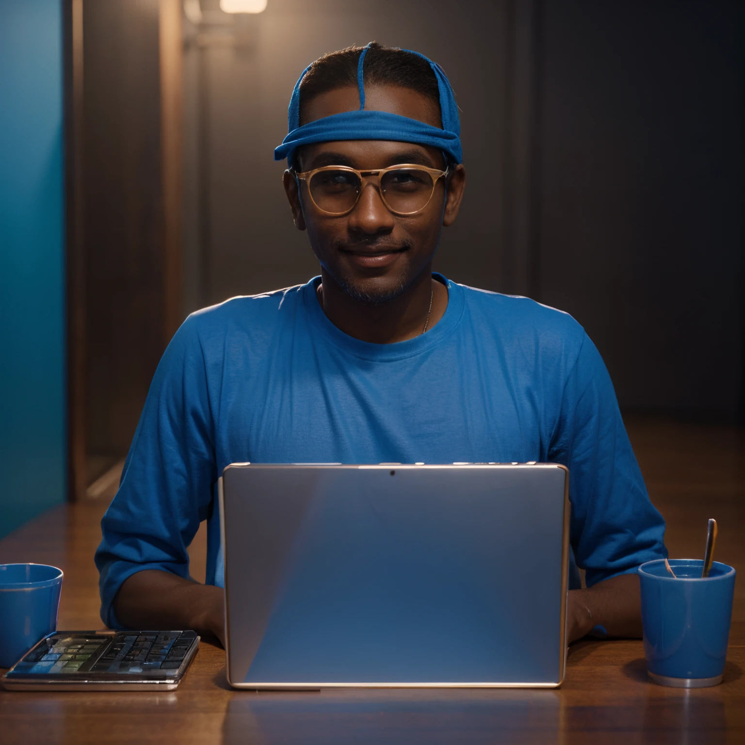 best quality, 3d realistic, big smiling, content creator, blue tshirt, fair brown skin color