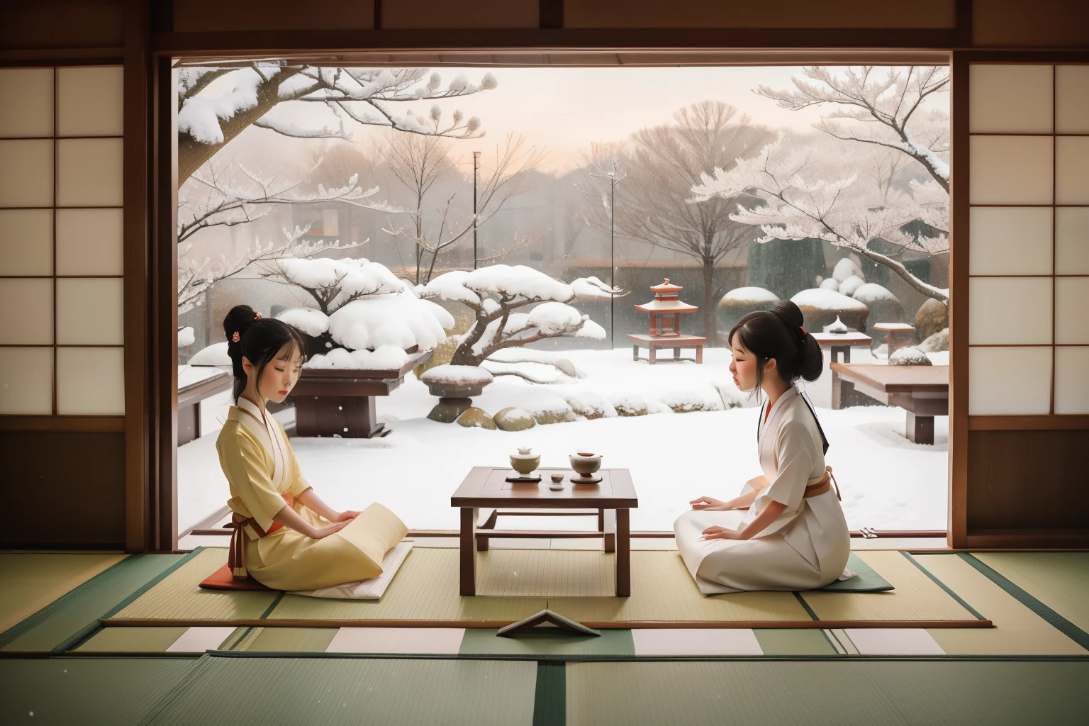 Year: 2022. Setting: Zen Japanese Tea House in Tokyo Garden.
*Description: Inside a serene Japanese tea house surrounded by snow-covered bonsai trees, characters in modern and traditional attire participate in a contemplative tea ceremony. Cherry blossoms add a delicate touch, blending the meditative spirit of Japanese winter with pre-Raphaelite grace and Wes Anderson's calming palette.