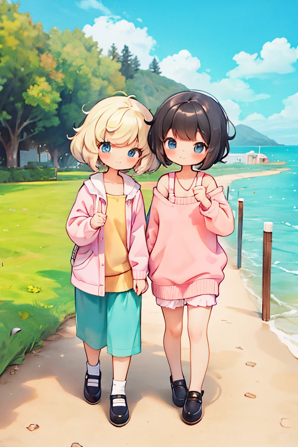 Shoulder sweater, Curly shorthair, hair scrunchie, Twin-tailed, kawaii pose、ssmile、Stroll along the seaside path