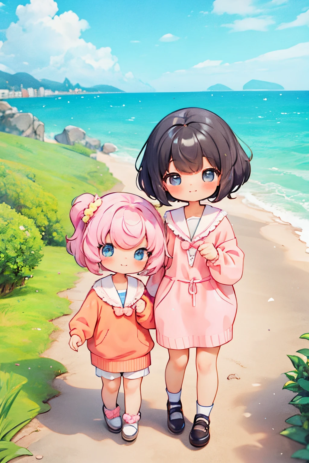 Shoulder sweater, Curly shorthair, hair scrunchie, Twin-tailed, kawaii pose、ssmile、Stroll along the seaside path