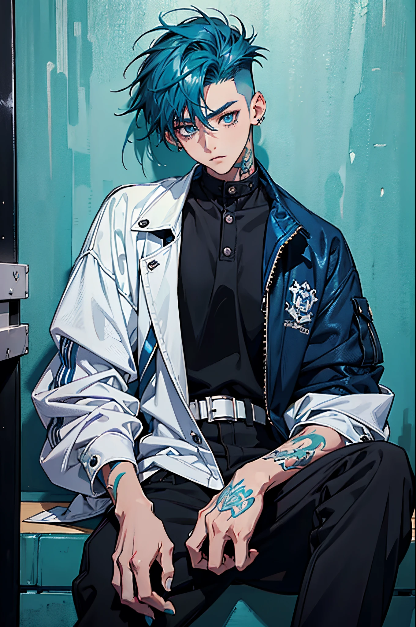 Kpop teen young age boy with fade cut blue hair with with frosted white tips, cute face, irresistible,sit pose, poser, serious face, full half body show, tattoos, wears cool black mixed blue ang green open jacket with long big sized shirt, long black pants with belt, paint background, popstar