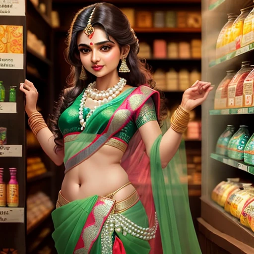 Tuntun mausi character from chota bheem in green designer saree with hot figure wearing a pearl necklace who owns a shop of laddo