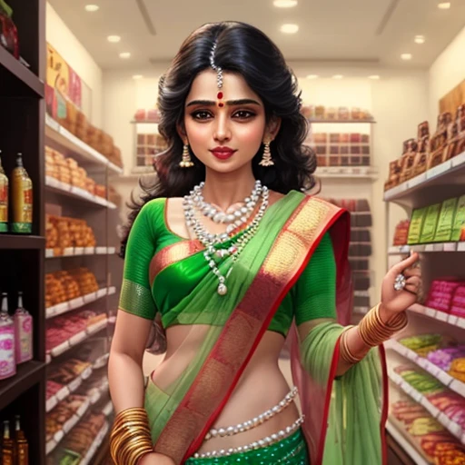 Tuntun mausi character from chota bheem in green designer saree with hot figure wearing a pearl necklace who owns a shop of laddo