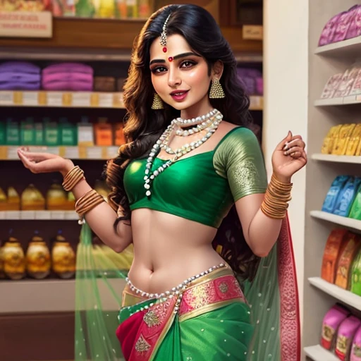 Tuntun mausi character from chota bheem in green designer saree with hot figure wearing a pearl necklace who owns a shop of laddo