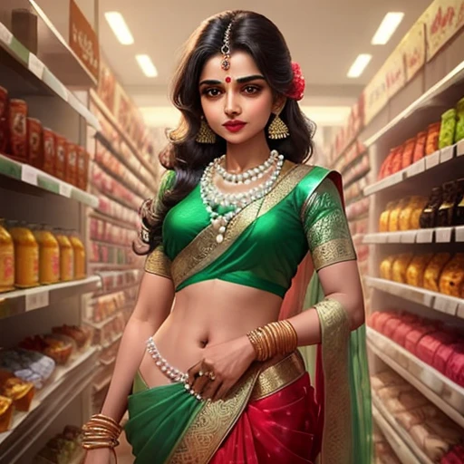 Tuntun mausi character from chota bheem in green designer saree with hot figure wearing a pearl necklace who owns a shop of laddo