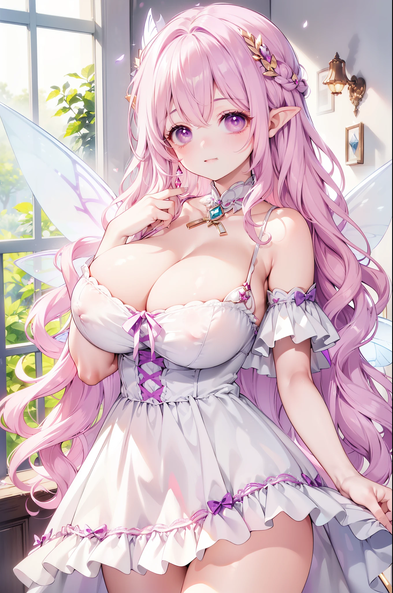 Female((30year old)), hair((pink, long, wavy)), eyes((big eyes, violet eyes)), clothes((fairy dress, panties)), accessories ((diamond ornaments, fairy wings)), big boobs, gigantic breast, korean make-up look, woods, lamp, smiling expression, lipgloss, pubic hair,