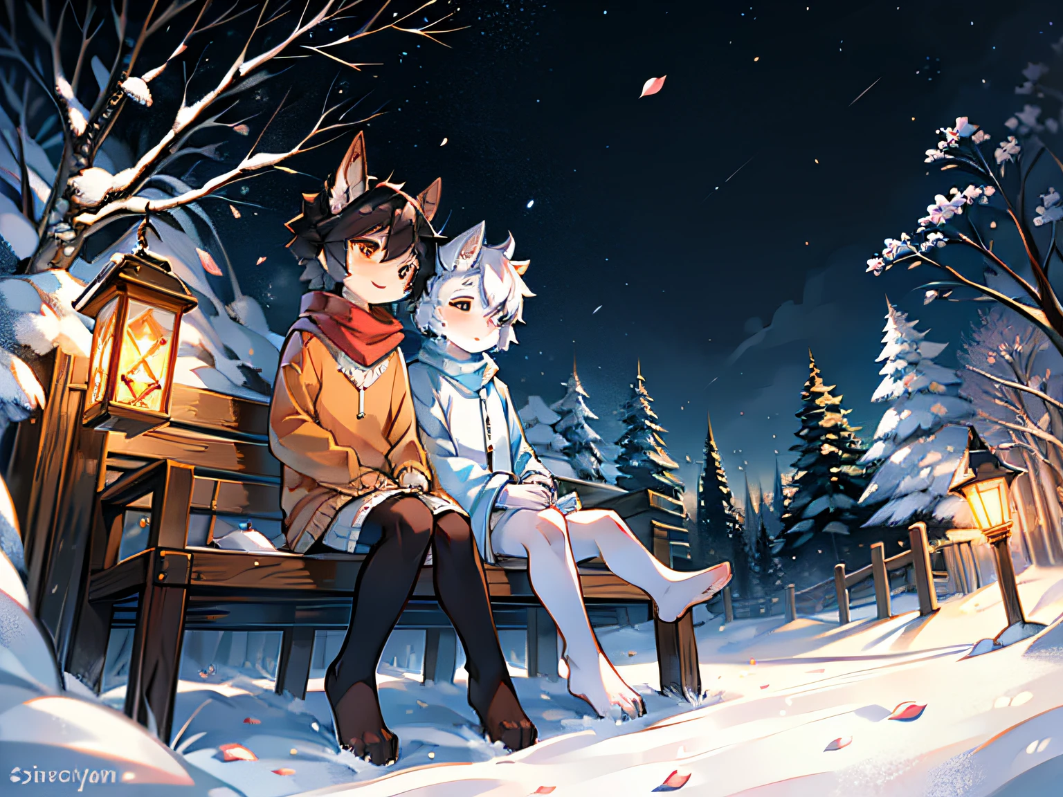 White deer in white robe,Wolf with black hair and orange shirt,in the snow,starrysky,moon full,stars shining bright,falling flower petals,Peach blossom tree,shota,lovely boy,two guys,peaceful night,ornate backdrop,gentleness,Wear a scarf,wear a sweater,lantern in hand,in woods,sitting against a tree,Leaning together,Falling white petals,Close her eyes,starrysky,two guys,gentleness,