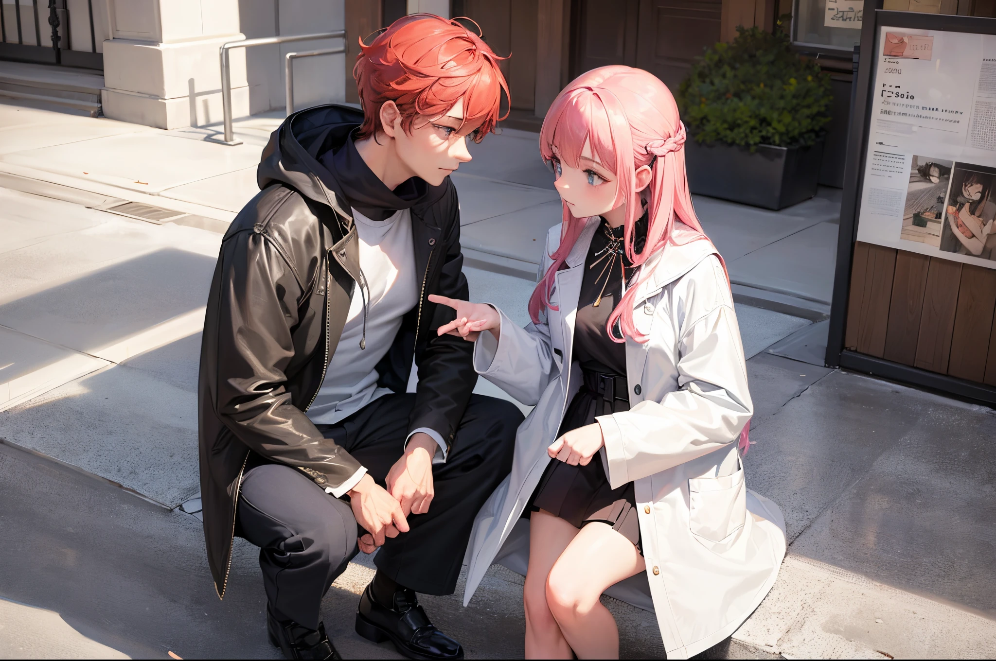 Masterpiece, Top Quality, Super Detail, 8K, Detailed Light, Detailed Shadows, RAW, (Detailed Skin), (Real: 1.2), Pisces in Western astrology, is fantastic, childish, a boy and a girl, big hands and feet, dreamy, Harajuku clothes, beautifully drawn hands, standing in a future place, chatting, high quality, pink hair, black eyes. standing outside in a city.A boy and a girl. big eyes, sleepy, long hair, artistic, vivid, imaginary style art, a boy and a girl , couple, two people