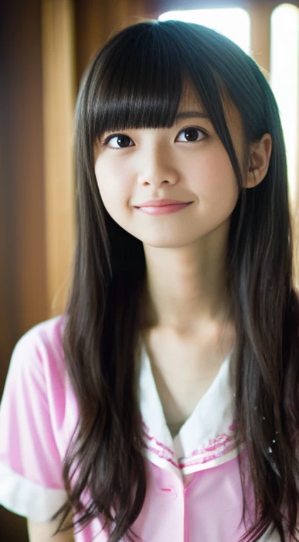 masutepiece, Best Quality, 8K, , Teen, Raw photo, absurderes, award winning portrait, ssmile, Solo, Idol face, asuka, bangs,Delicate girl, Upper body, Digital SLR, Looking at Viewer, Candid, Sophisticated, zora々Right, Thin arms, Professional Lighting, Film grain, chromatic abberation, (Eyes and faces with detailed:1.0), (Bokeh:1.1), Japanese high school girl、student clothes、in the bed room、Cute pajamas at summer, wet,