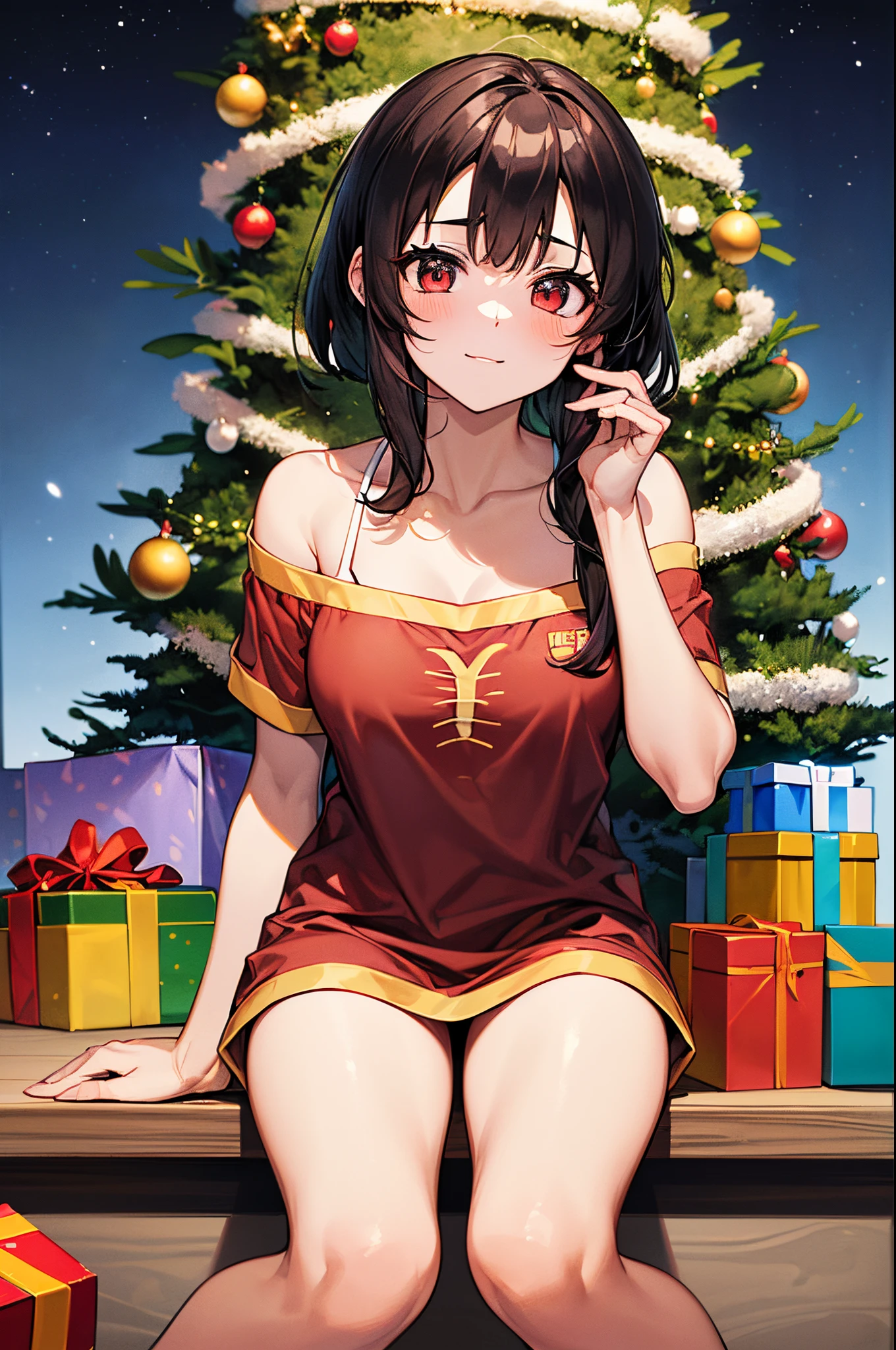 ((((anatomia perfeita, Pele super detalhada)))), 1 girl, Japanese, junior high school girl (Megumin), pele brilhante, seios pequenos, Observando a vista,
cabelo castanho bonito, beautiful face, belos olhos detalhados, (cabelos curto ), cabelos castanhos, red eyes, beautiful collarbone, Corpo bonito, peito bonito, coxa bonita, beautiful legs, babyface, toupeira sob o olho,
((Camisola, mini saia), colar de cruz),
((sorrir:1.5, Abra bem a boca)), ,
(beautiful scenery), arquitetura moderna, Sala de estar, tapete, sitting floor, janela, inverno, Noite, Natal, (Christmas tree), neve, nevada:1.5, tempo congelante, geada,
(8k, qualidade superior, obra prima:1.2, extremamente detalhado), (fotorrealista), beautiful illustration, Cinematic lighting,