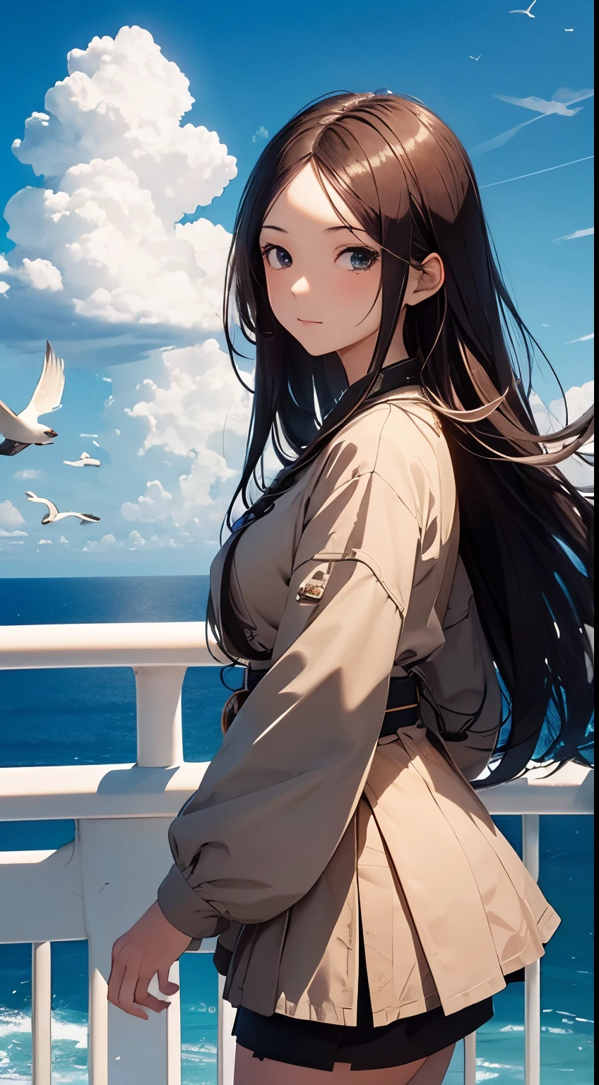 Leonardo da Vinci, Takeo Takei, Surreal, mysterious, bizarre, fantastical, fantasy, sci-fi, Japanese anime, a beautiful girl in a miniskirt looking at the horizon from the deck of a large passenger ship, her hair fluttering in the wind, a super-large iceberg drifting in front of the horizon, a flock of migratory birds, a transparent blue sky, altocumulus clouds, wide angle, detailed masterpiece