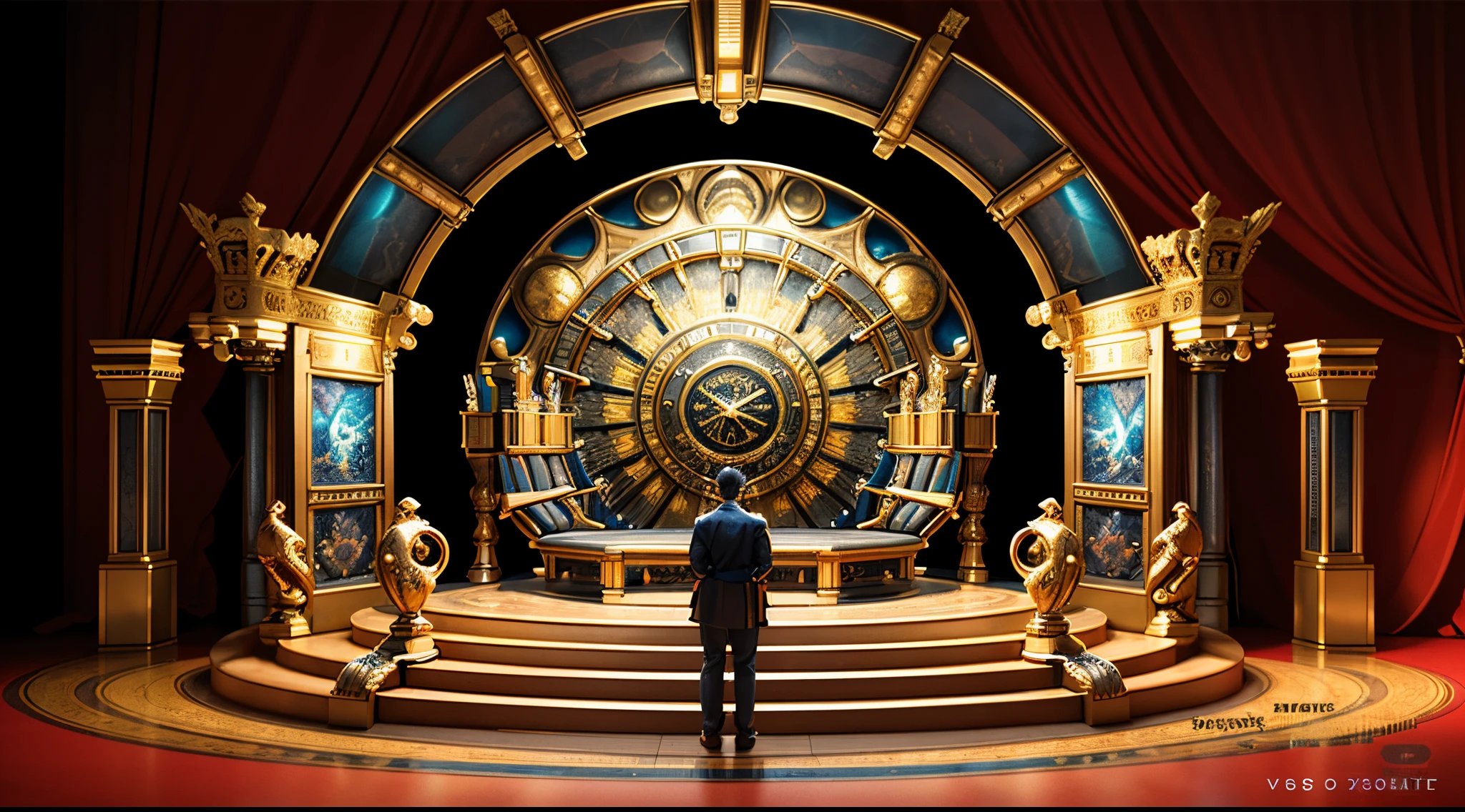 The stage has an image of a clock and a man standing on it, Detailed set design, Stunning mystery background, raytraced 3d set design, Art Nouveau octane rendering, elaborate stage effects, Virtual scenes, exquisitely designed throne room, theatrical scenery, surreal sci fi set design, decadent throne room, photo of a huge theater stage