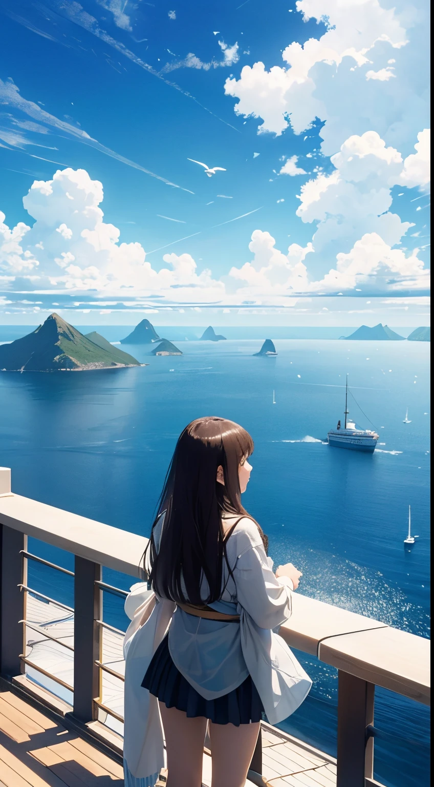 Leonardo da Vinci, Takeo Takei, Surreal, mysterious, bizarre, fantastical, fantasy, sci-fi, Japanese anime, a beautiful girl in a miniskirt looking at the horizon from the deck of a large passenger ship, her hair fluttering in the wind, a super-large iceberg drifting in front of the horizon, a flock of migratory birds, a transparent blue sky, altocumulus clouds, wide angle, detailed masterpiece