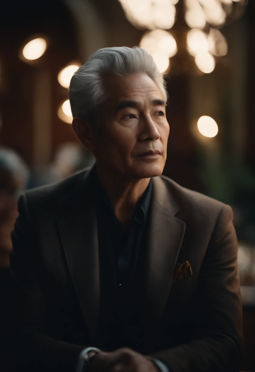 frontage,grey hair, widow's peak, quiff, serious, thinking, lens flare, caustics, cowboy shot, character chart, chiaroscuro, cinematic lighting, Surrealism, Verism, UHD, 16k,Lecture with a watch,Asian people,professor