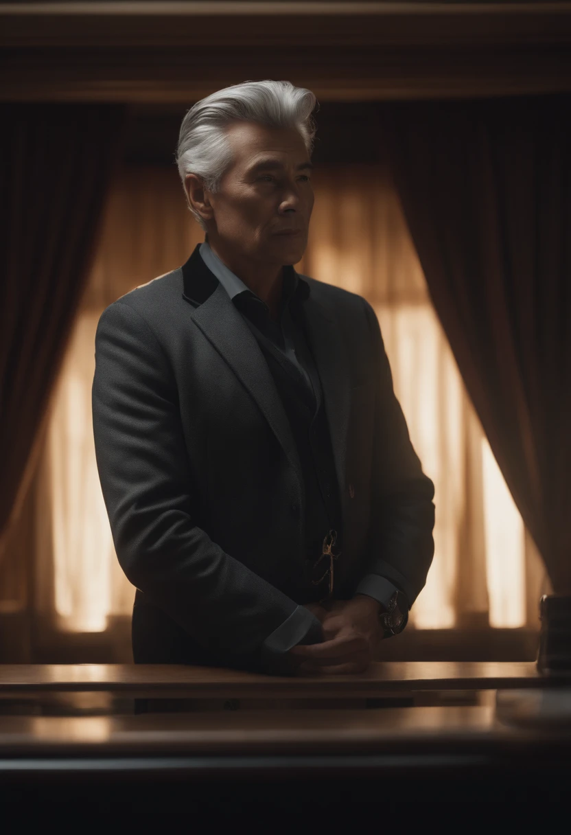 frontage,grey hair, widow's peak, quiff, serious, thinking, lens flare, caustics, cowboy shot, character chart, chiaroscuro, cinematic lighting, Surrealism, Verism, UHD, 16k,Lecture with a watch,Asian people,professor