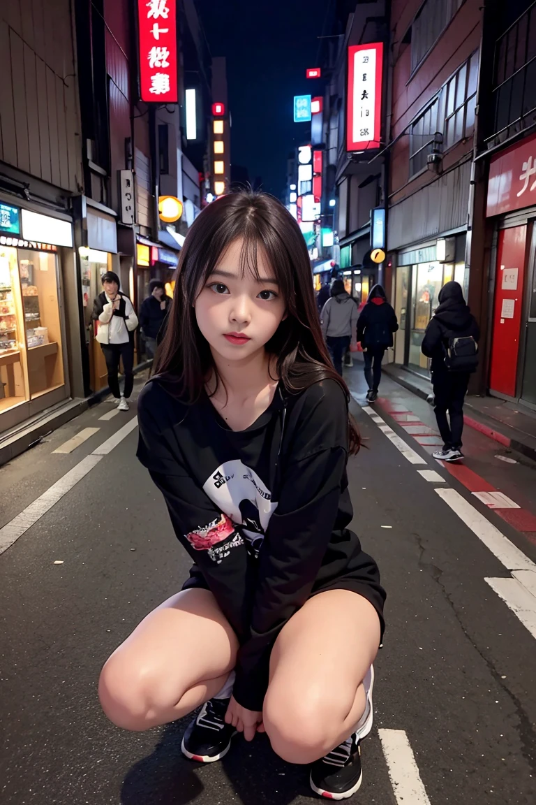 1girl in、Streets of Tokyo、natta、A city scape、city light、full body Esbian、8K、Raw photography、top-quality、masterpiece、realisitic、Photorealsitic、Squat dwelling