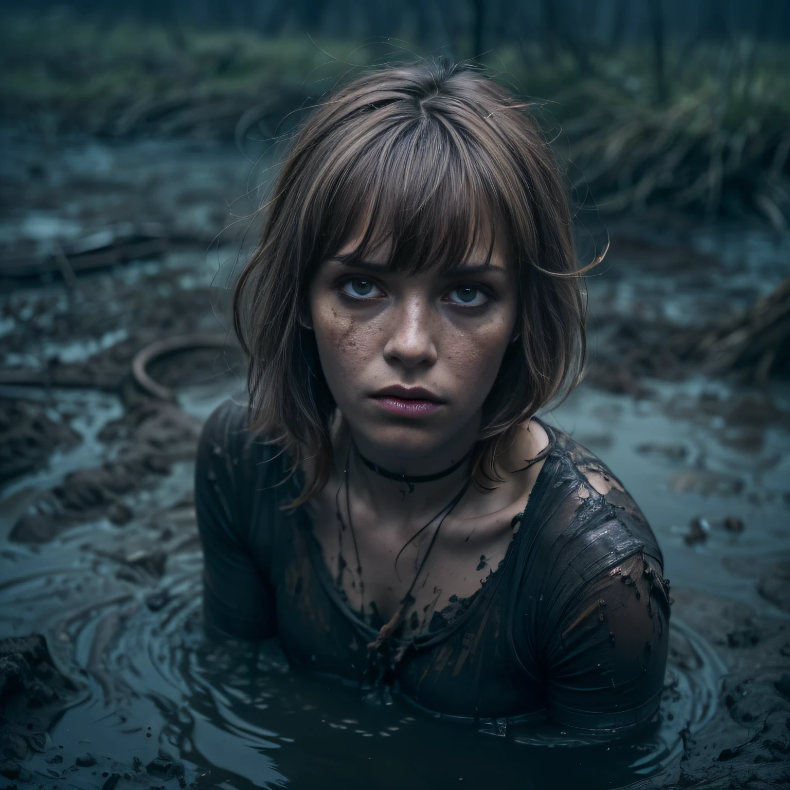 (Best Quality,hight resolution,Masterpiece, Overhead view:1.20),Ultra-detailed,Wide jeans,sickly,drowning in a swamp, fetish, (at the bottom of a mud pit:1.3),gloomy ecstasy,fetish,dark gloomy atmosphere,gritty texture,melancholic expression on his face,mysterious aura,foggy background,Subtle color palette,provocative pose,Strong emotions,Coming Out of the Depths of Despair,Piercing gaze,intense shadows,Plunged in Darkness,Rugged terrain,ominous vibe,A supernatural sensation,asymmetrical bangs, freckles, pink short hair, Bangs, freckles, gray eyes, A  girl