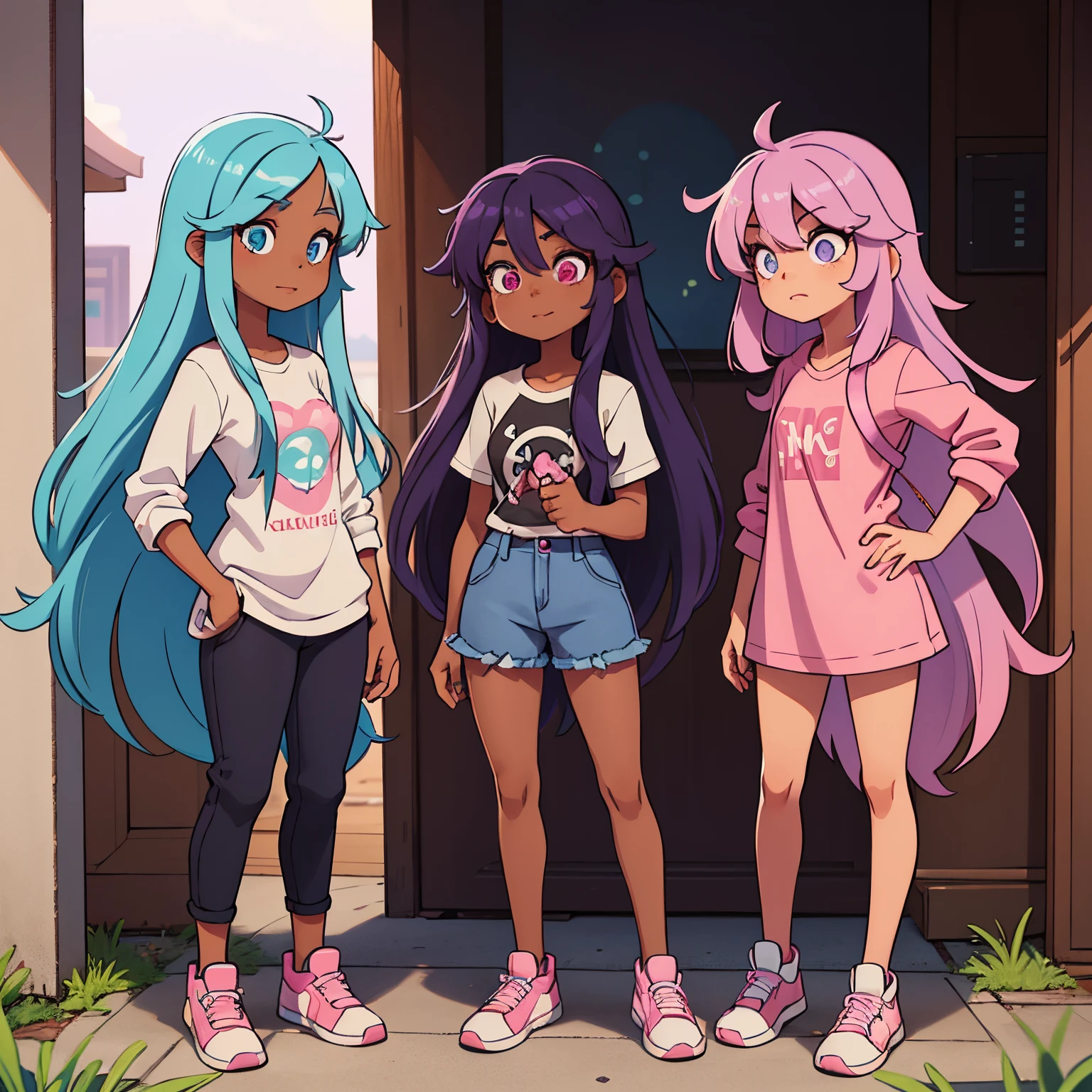3 black skinned girls with, long light blue hair and eyes, and long bright purple hair and eyes, and long light pink hair, casual clothes,all black skinned, black skinned girls