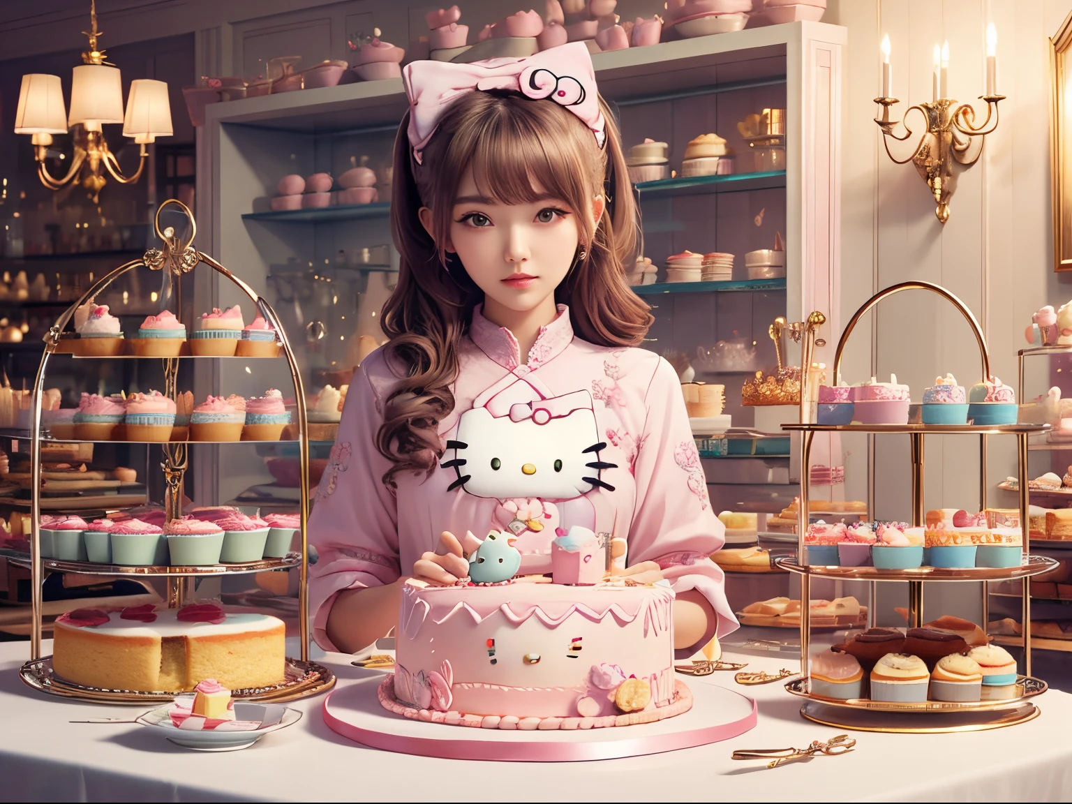 best quality, 4K wallpaper, masterpiece, extremely detailed CG unity 8k wallpaper, extremely detailed eyes, ultra-detailed, intricate details, 
1girl, fantasy, (h1c4tt3ch cake), cake shop, happy, hello kitty, adorable, cute, pastel