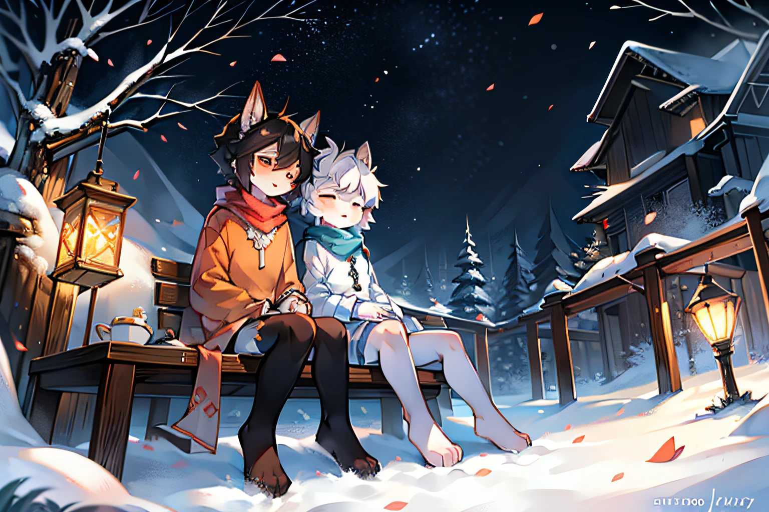 White deer in white robe，Wolf with black hair and orange shirt，in the snow，starrysky，moon full，stars shining bright，falling flower petals，Peach blossom tree，shota，lovely boy，two guys，peaceful night，ornate backdrop，gentleness，Wear a scarf，wear a sweater，lantern in hand，in woods，sitting against a tree，Leaning together，Falling white petals，Close her eyes，starrysky，two guys，gentleness，Clear facial features