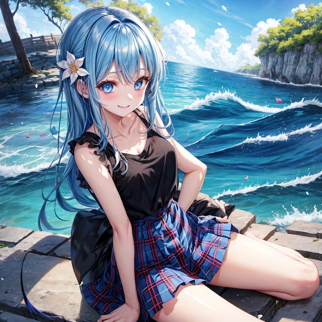 Blue-haired、blue eyess、one good looking girl、animesque、lightly dressed、Plaid miniskirt、flower petals、bare-legged、wetting hair、Black T-shirt、sitting on、sea of clouds
