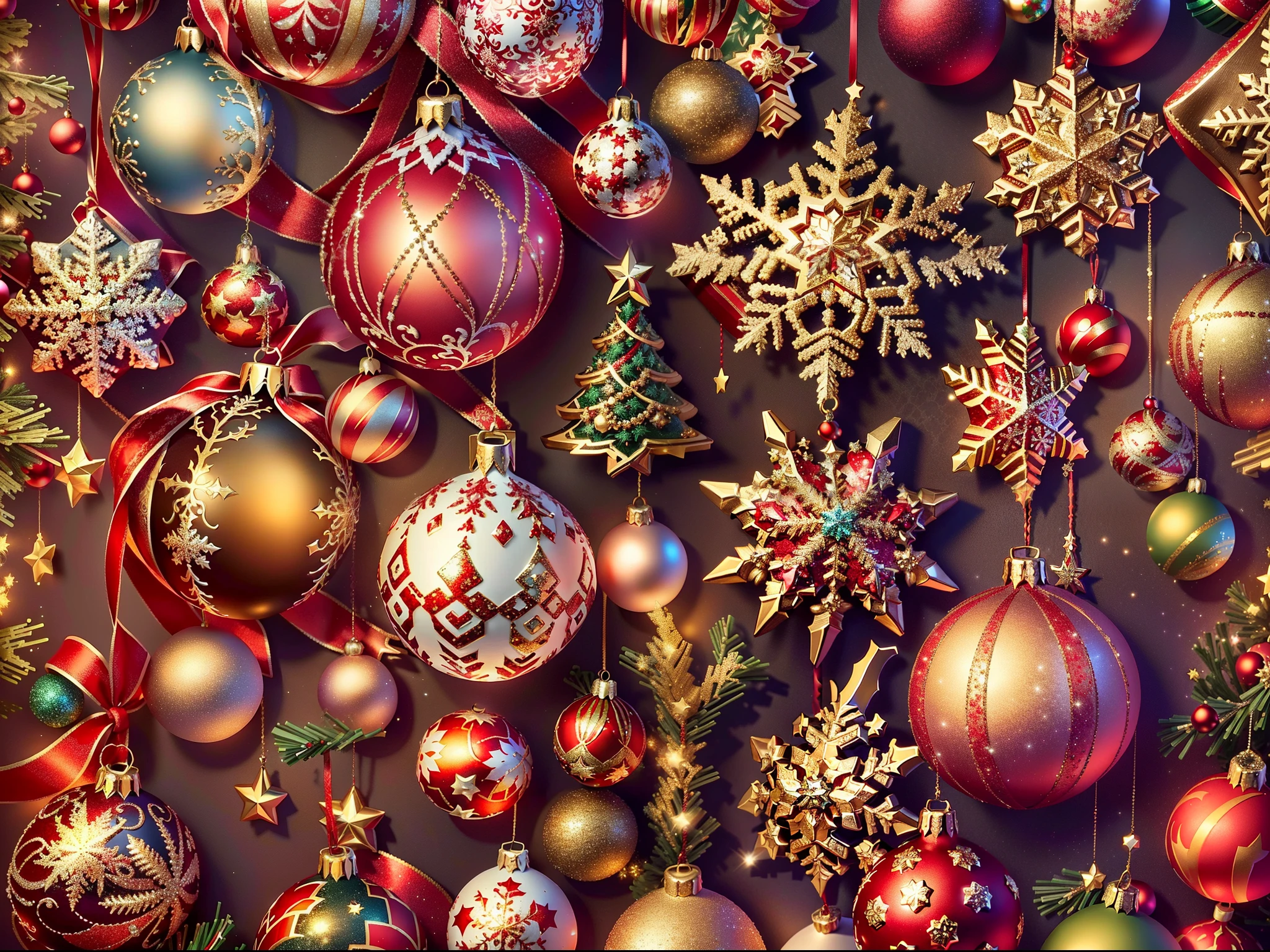 Many Christmas decorations hanging on the Christmas tree, Decorative style, Decorative ornaments, There are many small decorations, Starlight。detailed ornaments, Intricate ornaments, decorative, Super detailed decoration, 8K details, 8K details, Sparkling multi-dimensional decoration, 8K detail post-processing