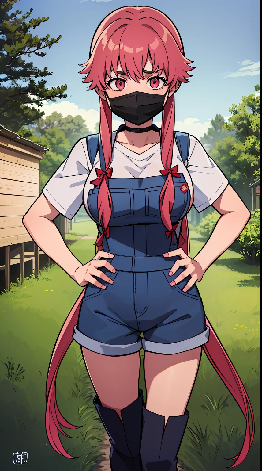 explicit, beautiful, amazing, high quality, detailed background, a woman with large breast in a woods, 1girl, breasts , , , pink hair, large breasts, twintails, long hair, solo focus, mirai nikki, black choker, dark grey overalls, leather gloves, black boots, ((face mask)), red eyes, chasing you through the woods, ((nigth)), crazy, ((crazy eyes)), ((crazy stare)) holding a bloody knife, (fanart of Gasai Yuno), (angry eyes:1.1), (perfect hands:1.4), (masterpiece), best quality, expressive eyes, VHS, ((nigth)), (Parfect Hand:1.3), 4k, 8k, 1980s, from below, (standing over you), wearing a jacket, (Blood:1.1)